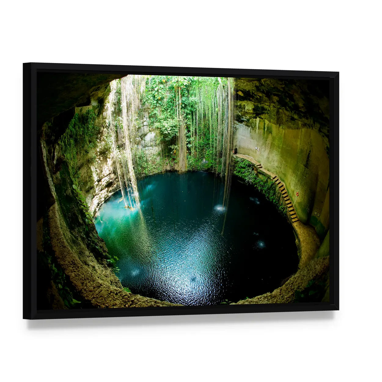 Ik-kil Cenote, Mexico Canvas Wall Art, framed canvas in a black floater frame, angled product view