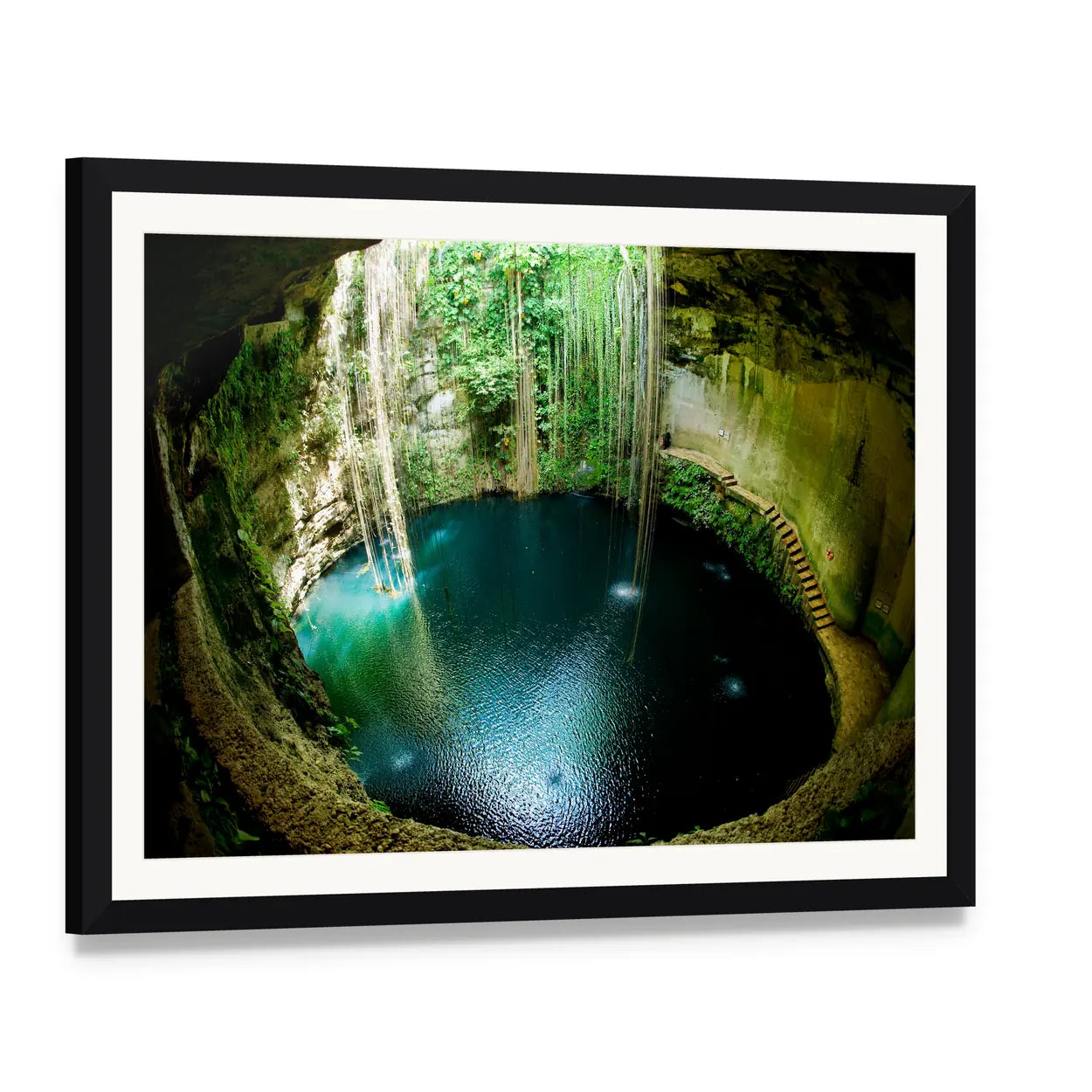 Ik-kil Cenote, Mexico Canvas Wall Art, framed print with white mat and black frame, angled product view