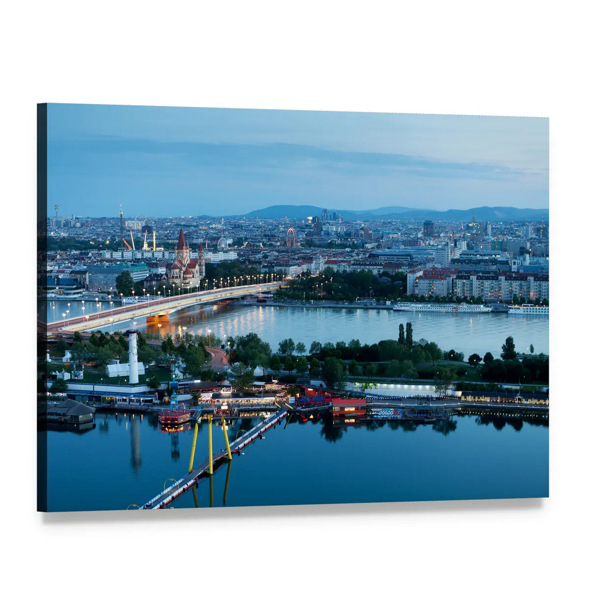 Vienna Night Skyline Over River Canvas Wall Art, single panel gallery wrapped canvas, angled product view