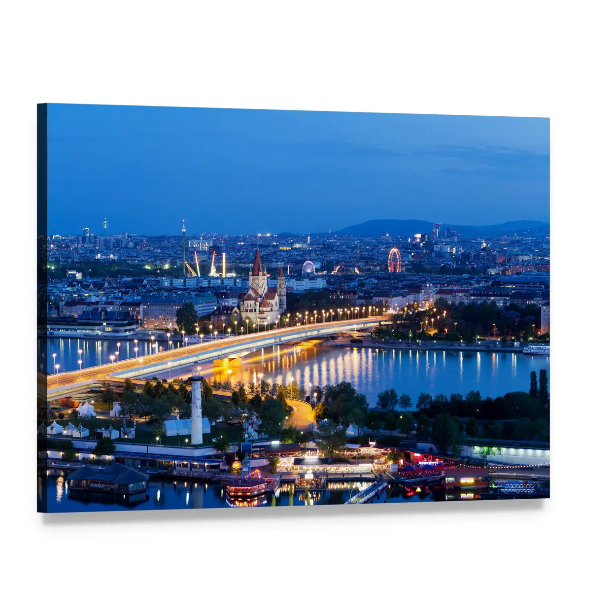 Vienna Night Skyline with Ferris Wheel and Bridge Canvas Wall Art, single panel gallery wrapped canvas, angled product view