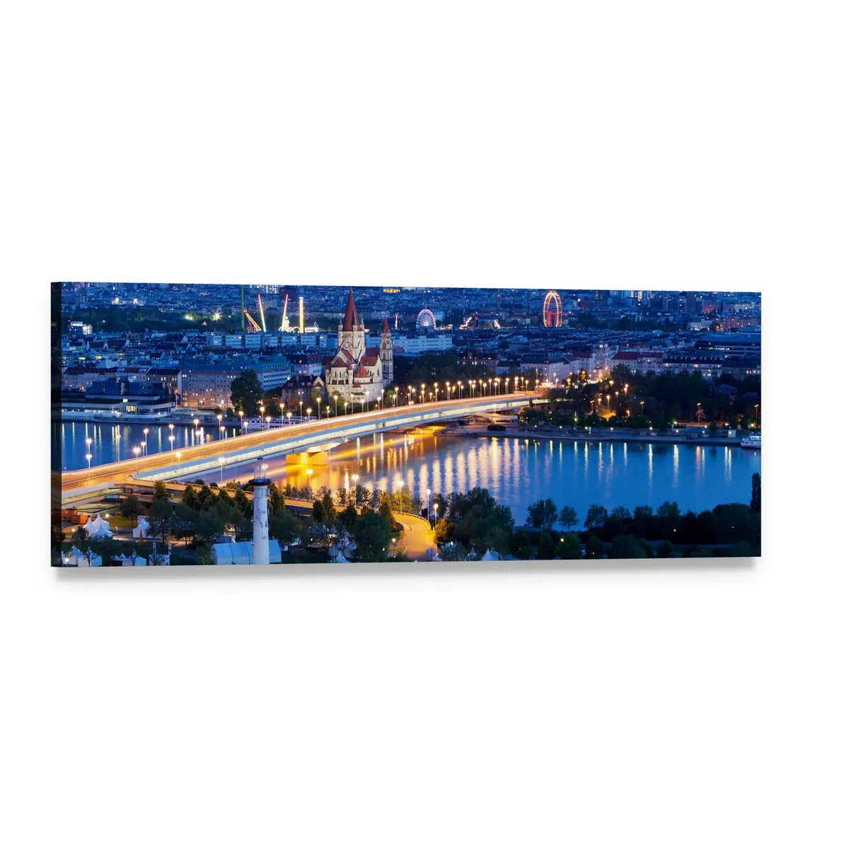 Vienna Night Skyline with Illuminated Bridge Panoramic Canvas Wall Art, single panel gallery wrapped canvas, angled product view