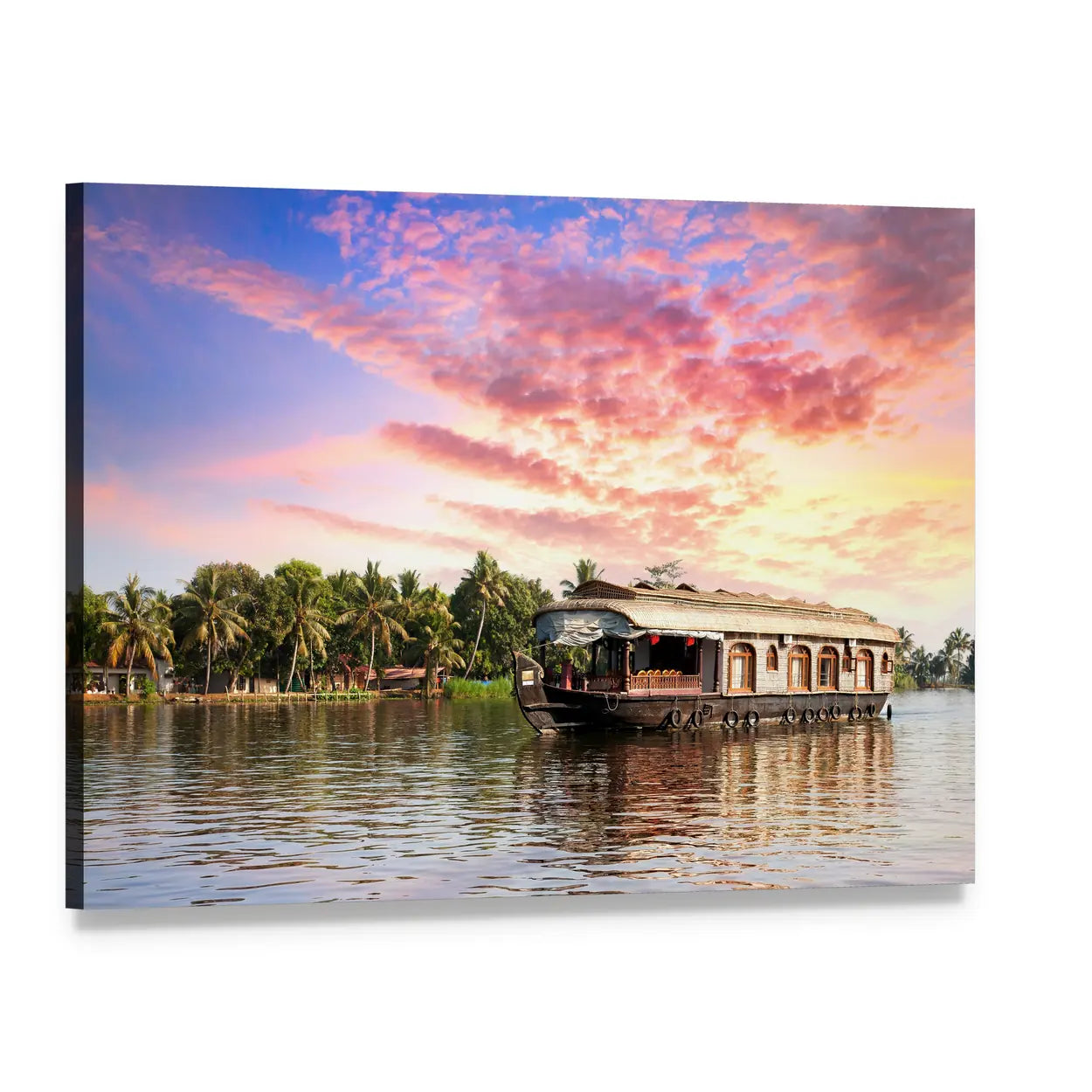 Kerala Houseboat at Sunset Canvas Wall Art, single panel gallery wrapped canvas, angled product view