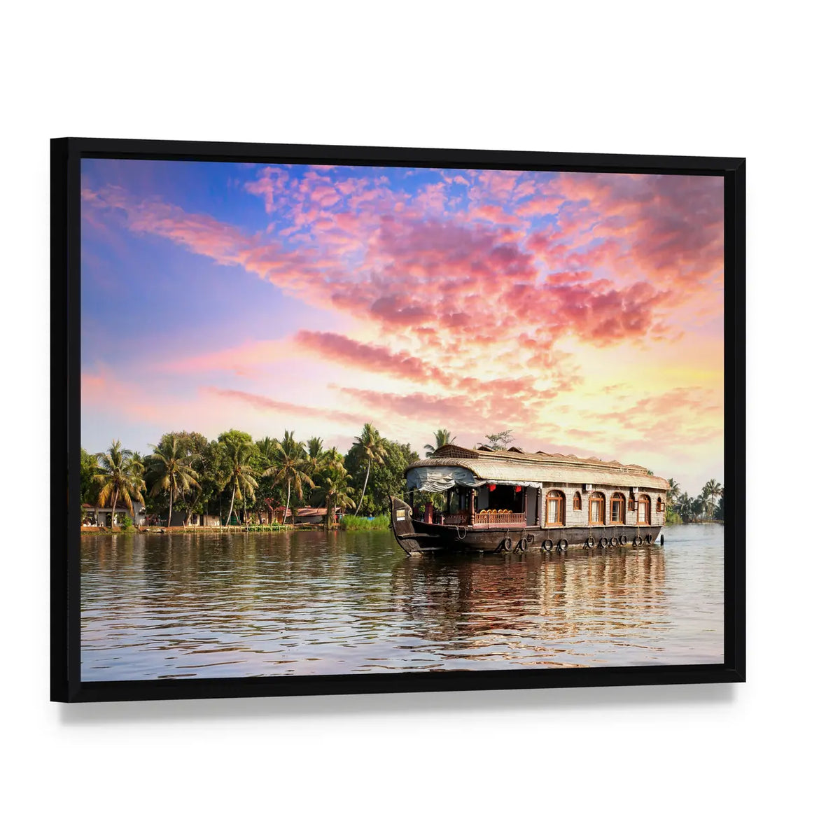 Kerala Houseboat at Sunset Canvas Wall Art, framed canvas in a black floater frame, angled product view