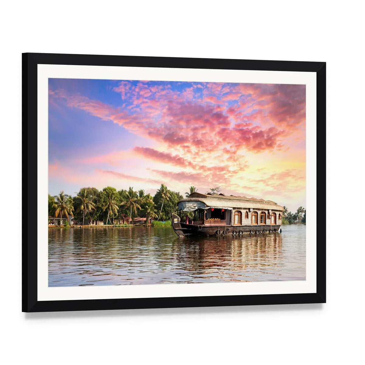 Kerala Houseboat at Sunset Canvas Wall Art, framed print with white mat and black frame, angled product view
