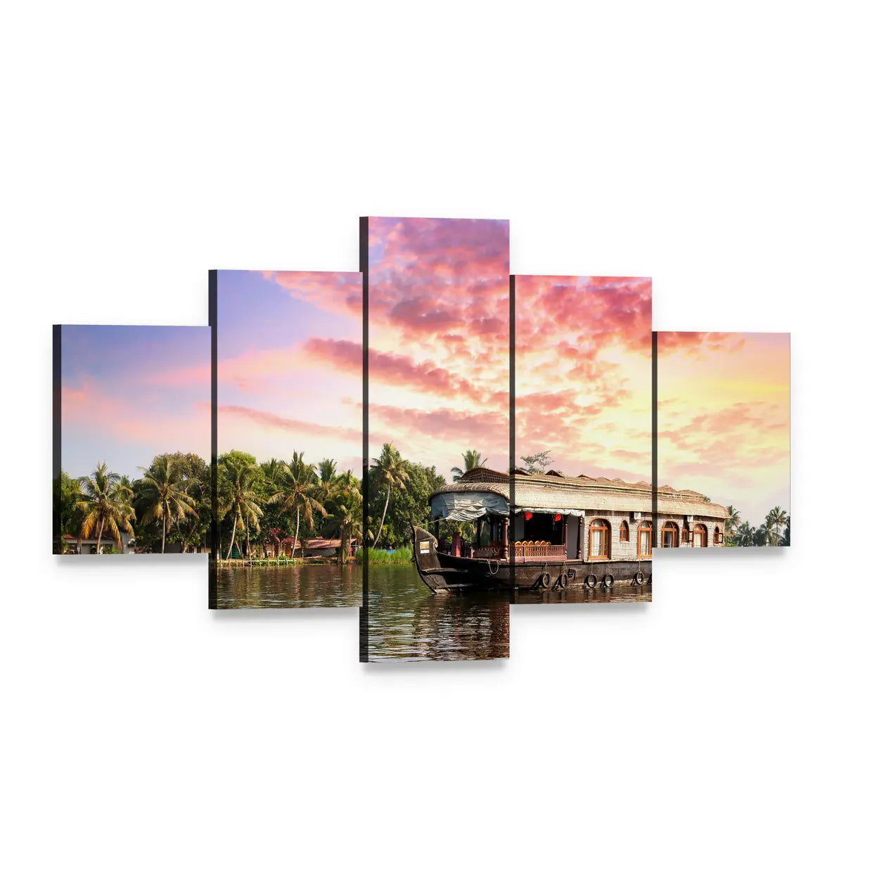 Kerala Houseboat at Sunset Canvas Wall Art, 5 panel 5 Star layout gallery wrapped canvas set, angled product view