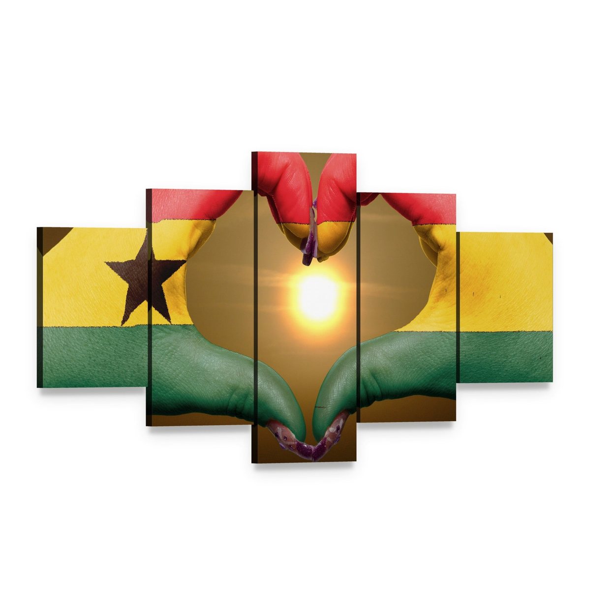 Hands Forming Ghana Flag Heart Canvas Wall Art, 5 panel 5 Star layout gallery wrapped canvas set, angled product view