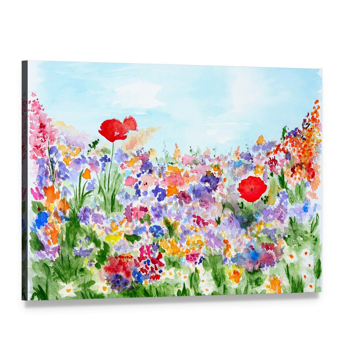 Summer Flowers in Garden Canvas Wall Art, single panel gallery wrapped canvas, angled product view
