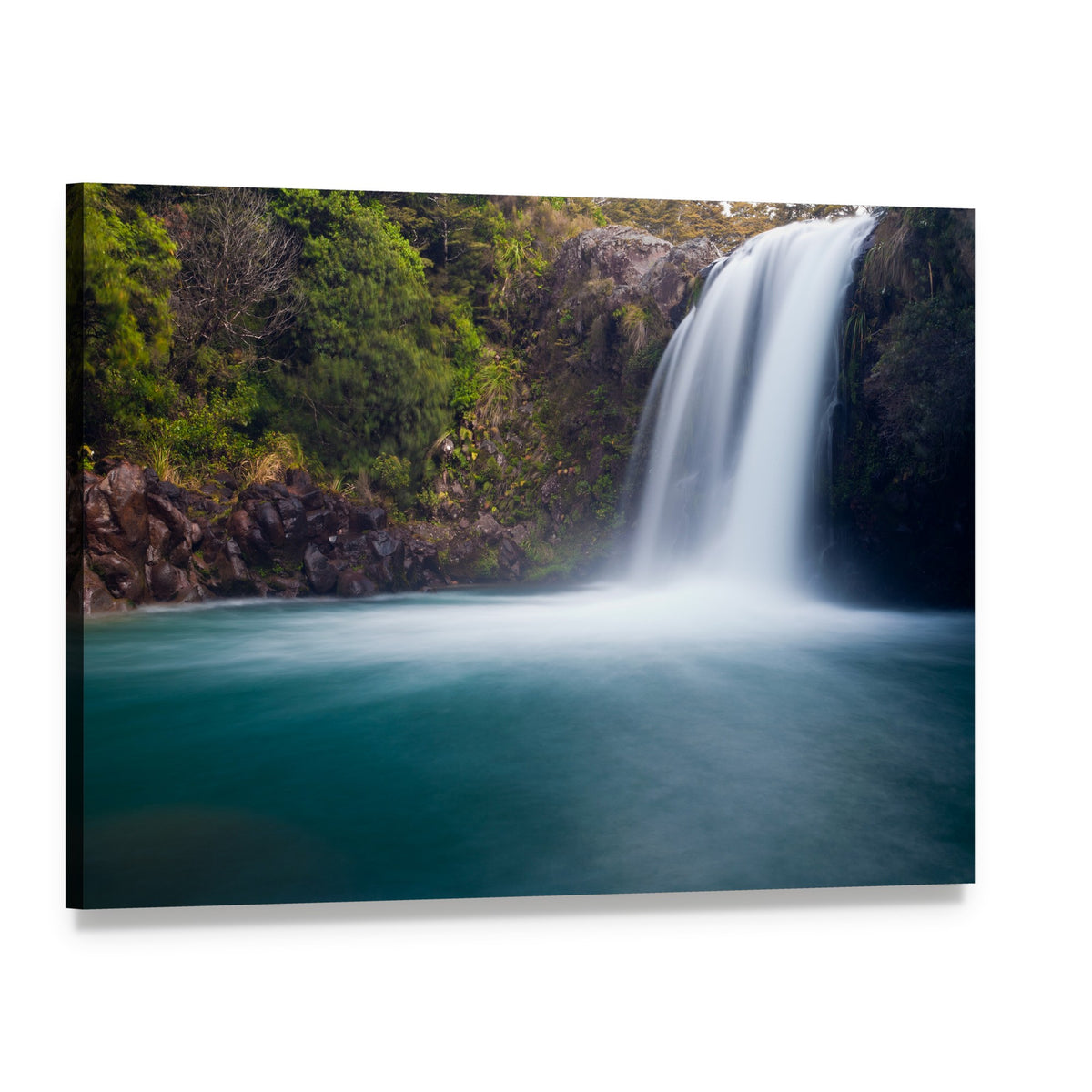 Tawhai Waterfall New Zealand Canvas Wall Art, single panel gallery wrapped canvas, angled product view