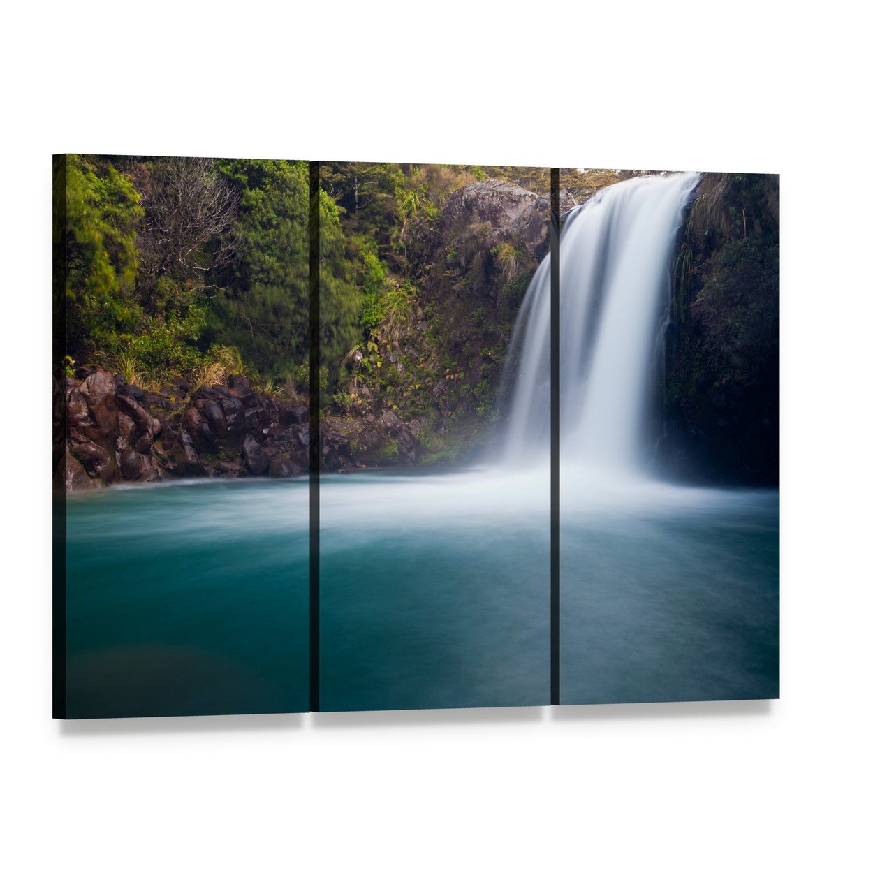 Tawhai Waterfall New Zealand Canvas Wall Art, 3 panel 3 Horizontal layout gallery wrapped canvas set, angled product view