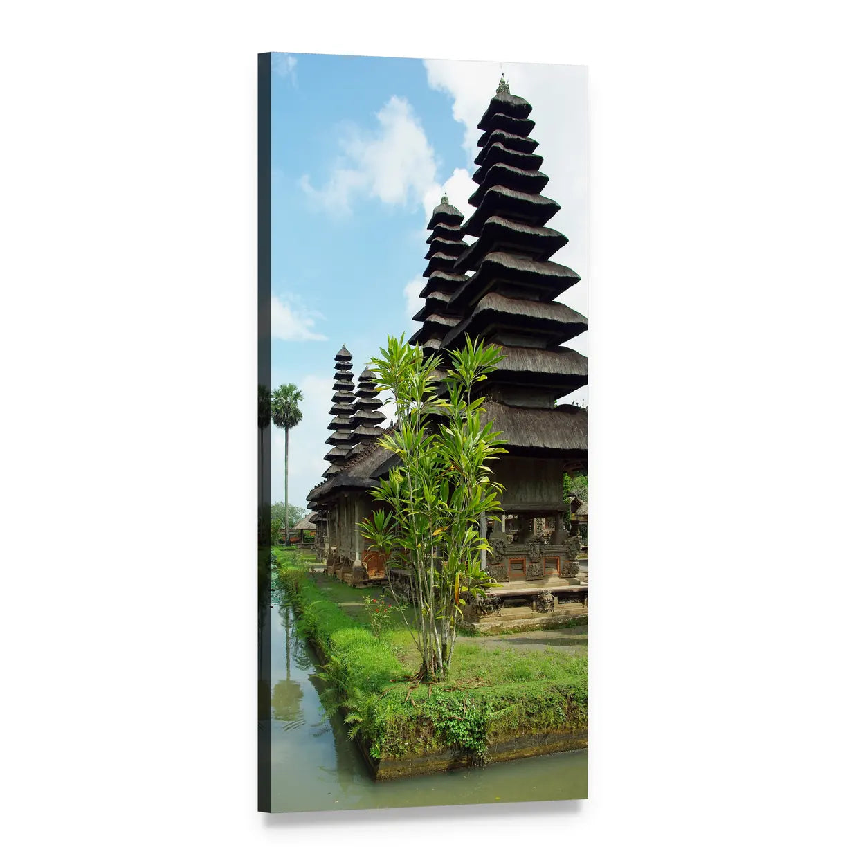 Balinese Temple Reflected in Moat, Bali Vertical Canvas Wall Art, 1 panel 1 Vertical layout gallery wrapped canvas set, angled product view