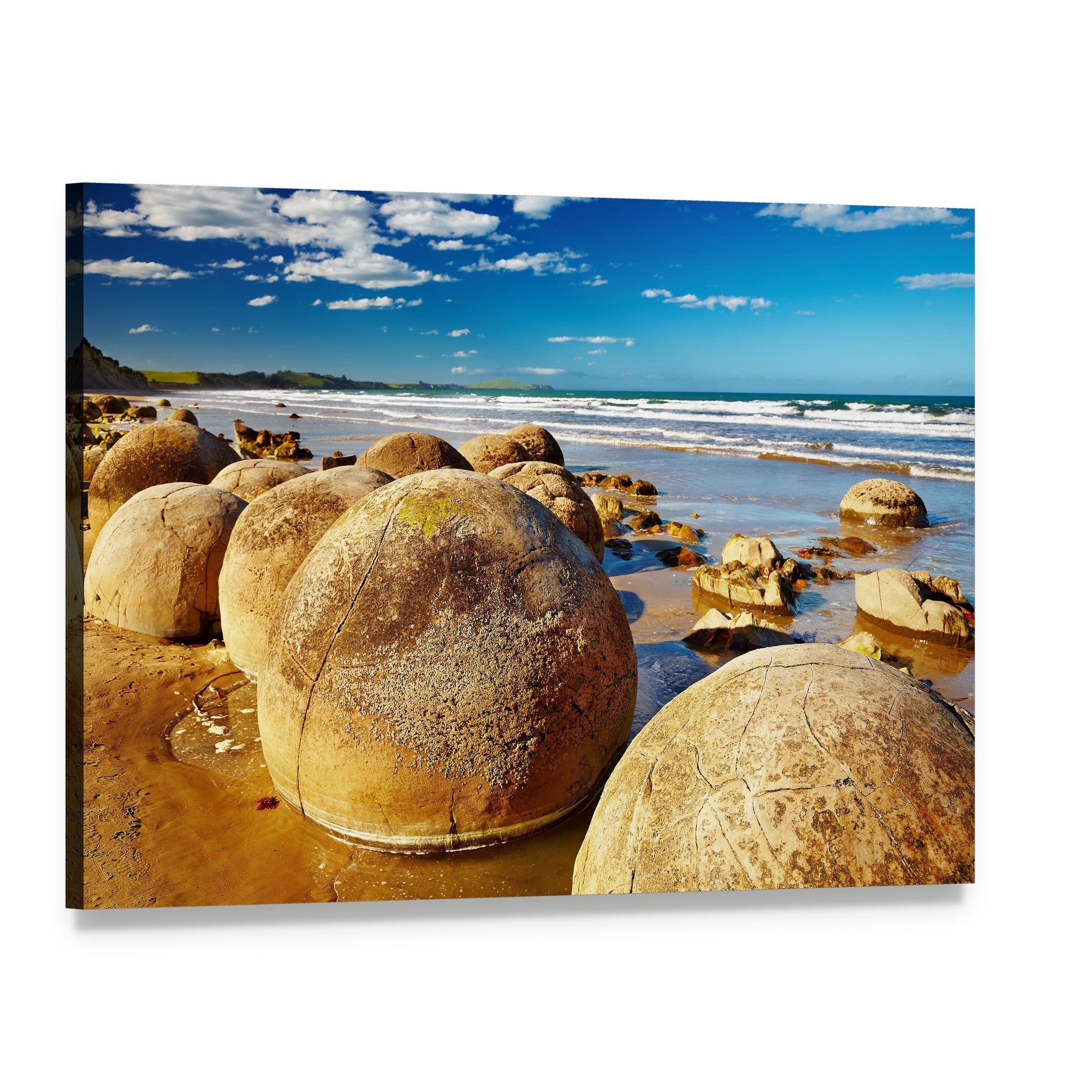 Moeraki Boulders Beach Scene Canvas Wall Art, single panel gallery wrapped canvas, angled product view