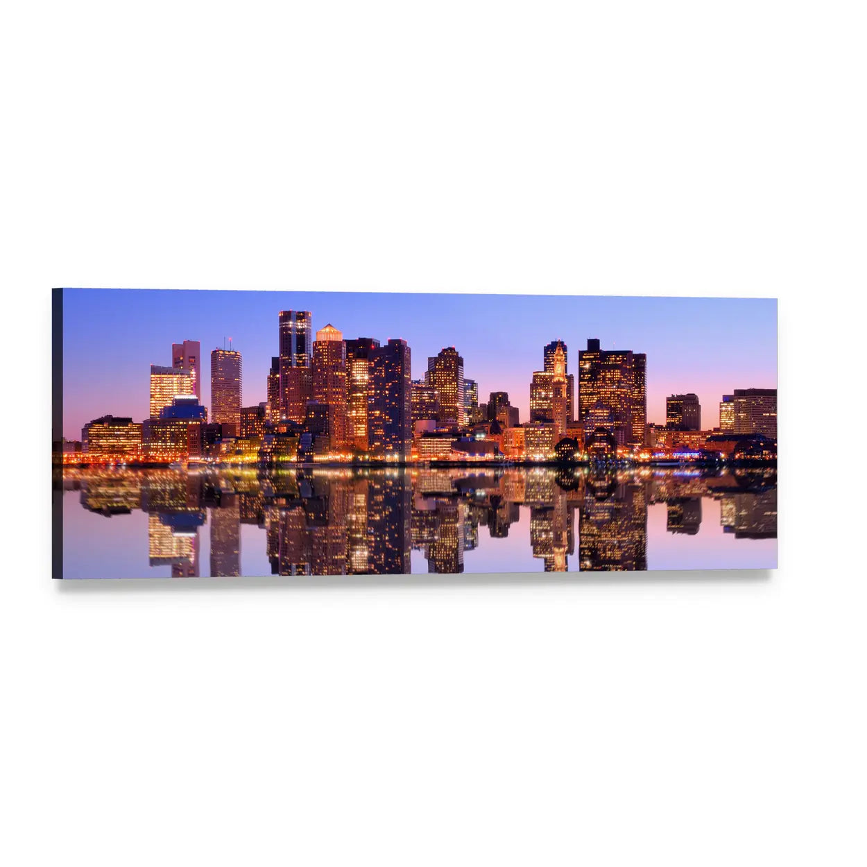 Boston Financial District Skyline at Dusk Panoramic Canvas Wall Art, single panel gallery wrapped canvas, angled product view
