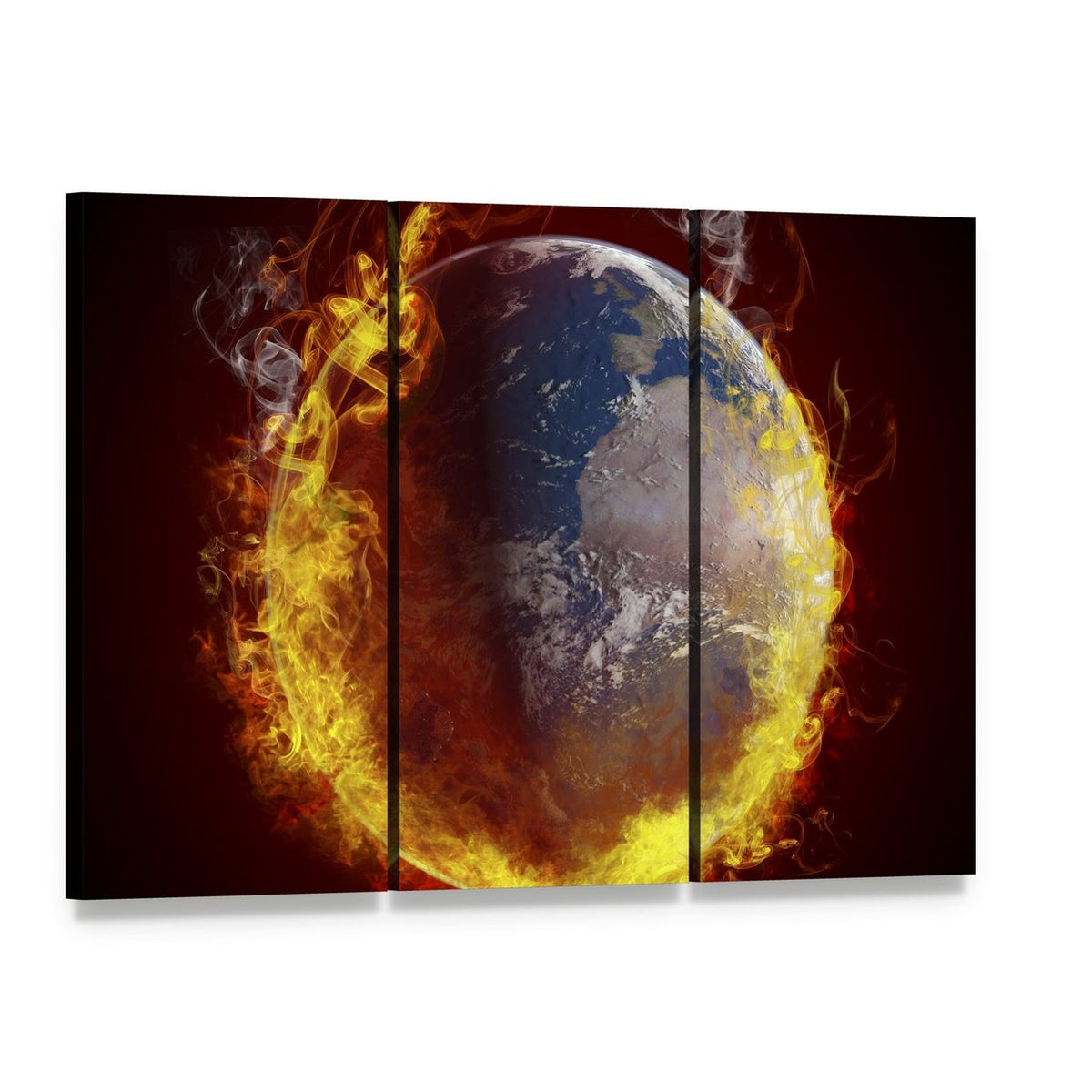 Earth on Fire Canvas Wall Art, 3 panel 3 Horizontal layout gallery wrapped canvas set, angled product view