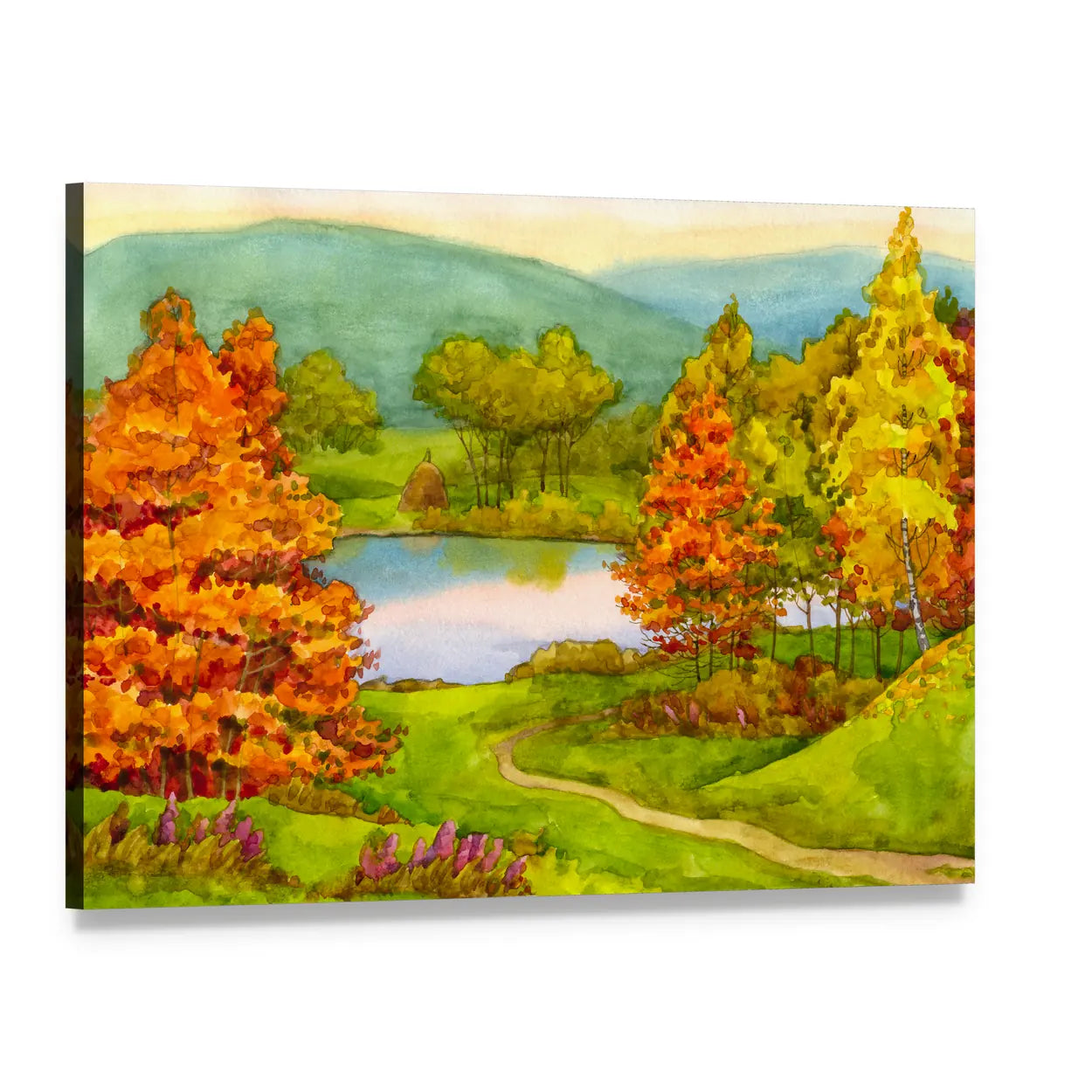 Autumn Lake with Winding Path Canvas Wall Art, single panel gallery wrapped canvas, angled product view