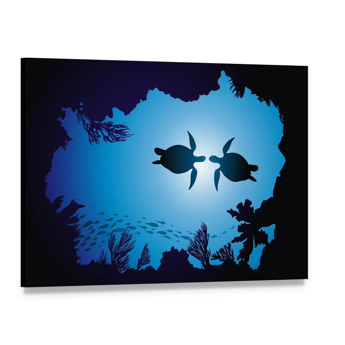 Two Sea Turtles Swimming Canvas Wall Art, single panel gallery wrapped canvas, angled product view