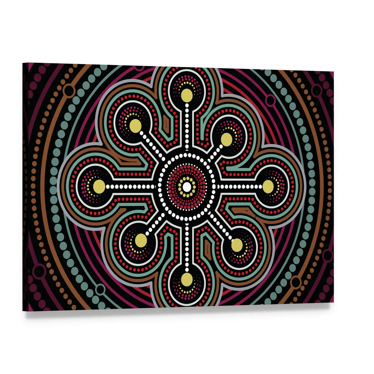 Aboriginal Dot Mandala Design Canvas Wall Art, single panel gallery wrapped canvas, angled product view