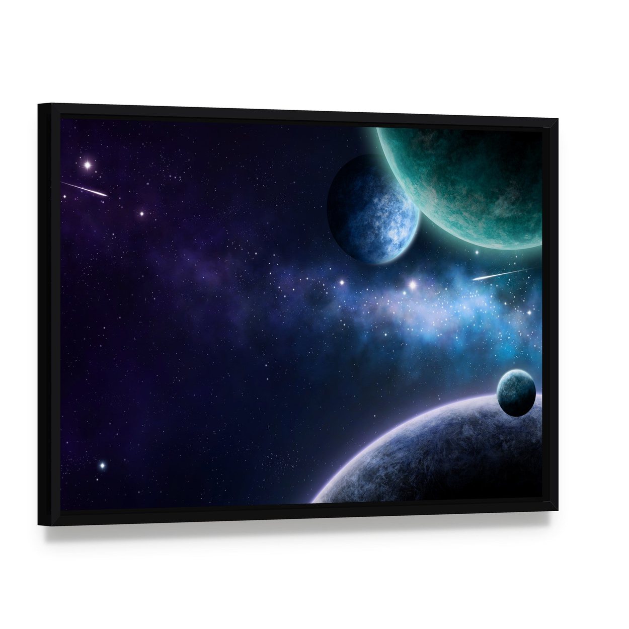 Blue & Purple Nebula Canvas Wall Art, framed canvas in a black floater frame, angled product view