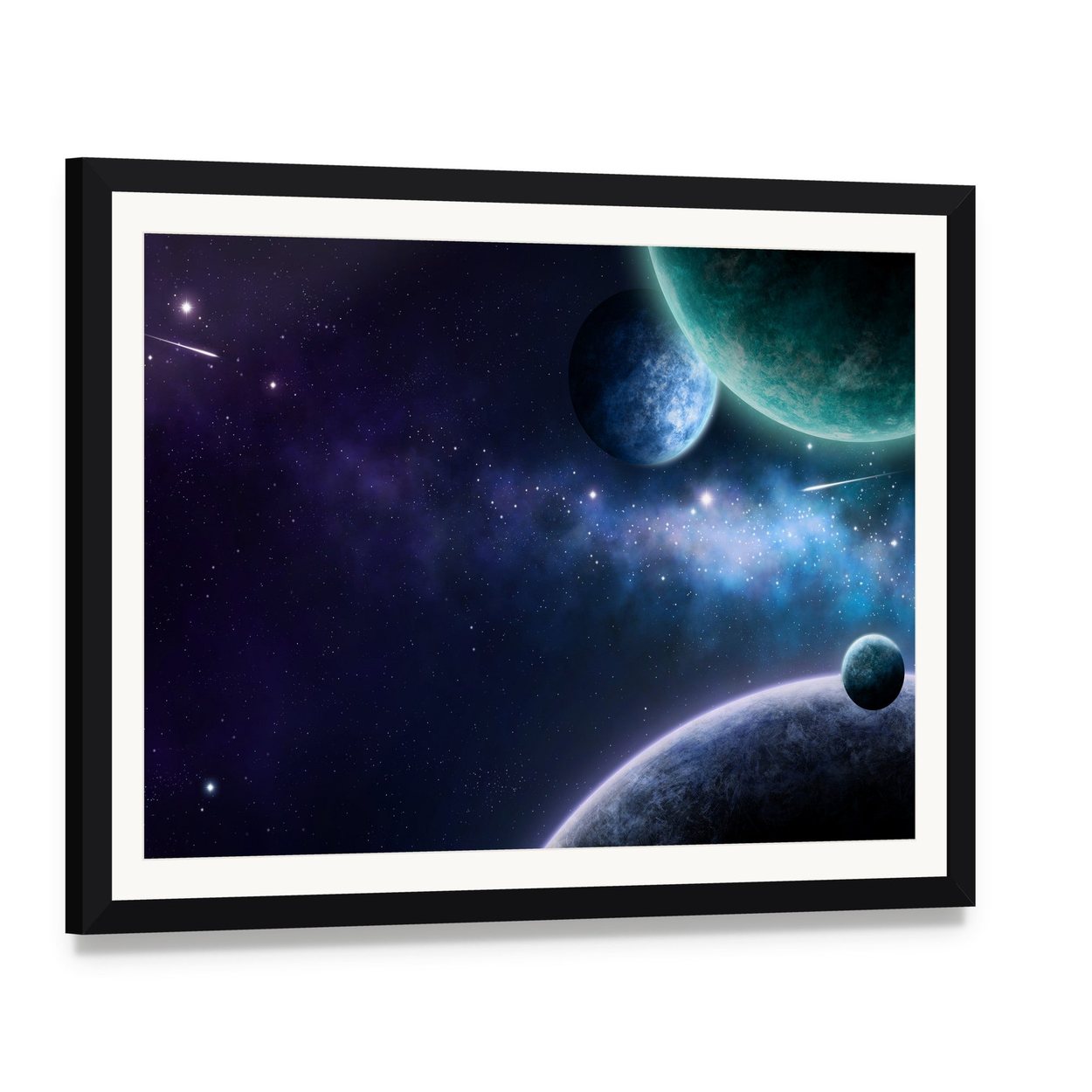 Blue & Purple Nebula Canvas Wall Art, framed print with white mat and black frame, angled product view