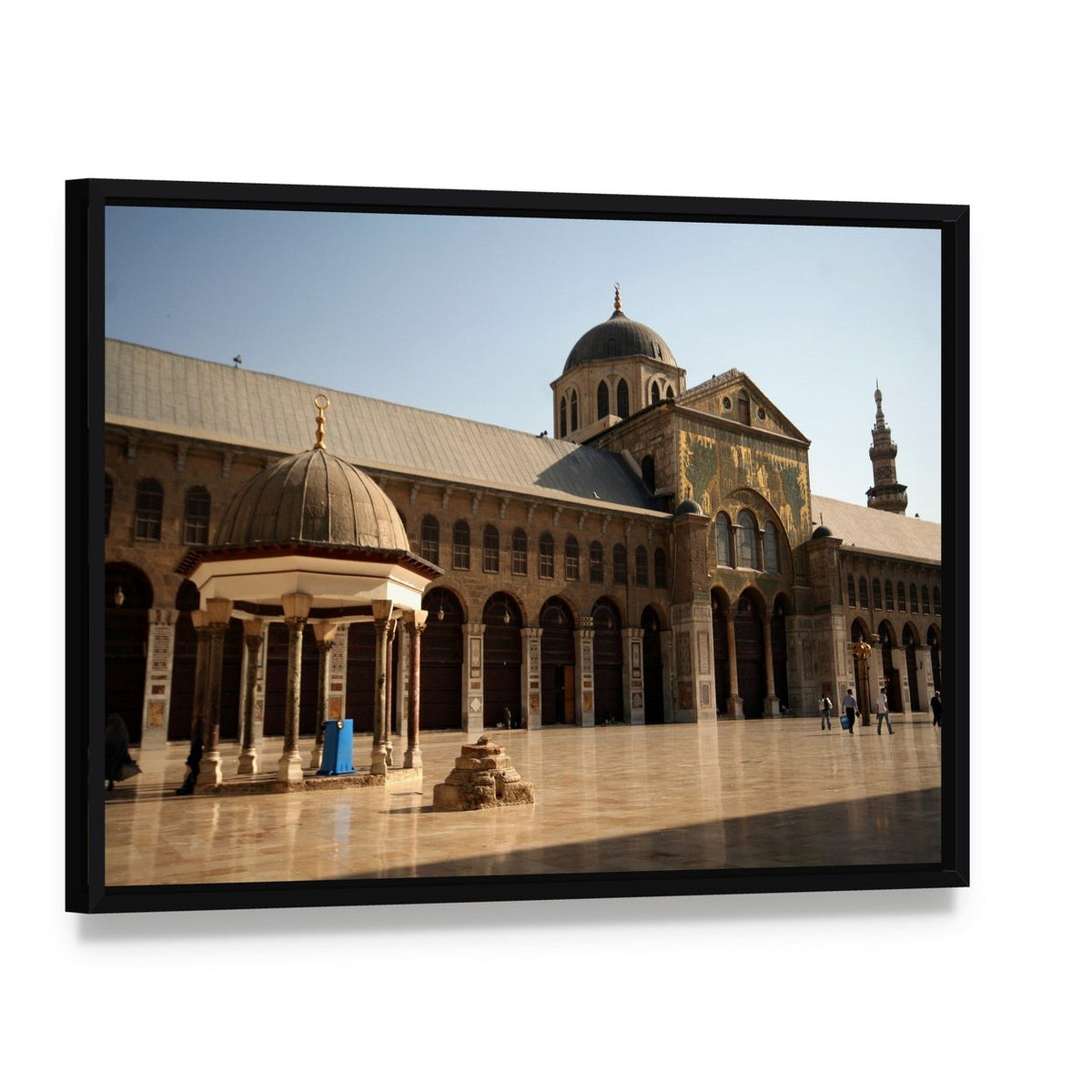 Umayyad Mosque Courtyard with Ornate Facade Canvas Wall Art, framed canvas in a black floater frame, angled product view
