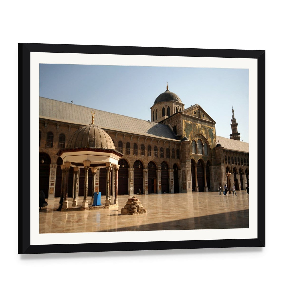 Umayyad Mosque Courtyard with Ornate Facade Canvas Wall Art, framed print with white mat and black frame, angled product view