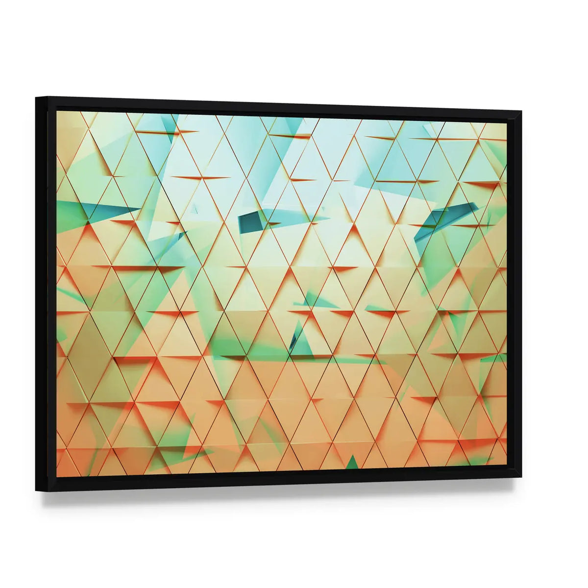 Polygonal Triangle Tessellation Canvas Wall Art, framed canvas in a black floater frame, angled product view