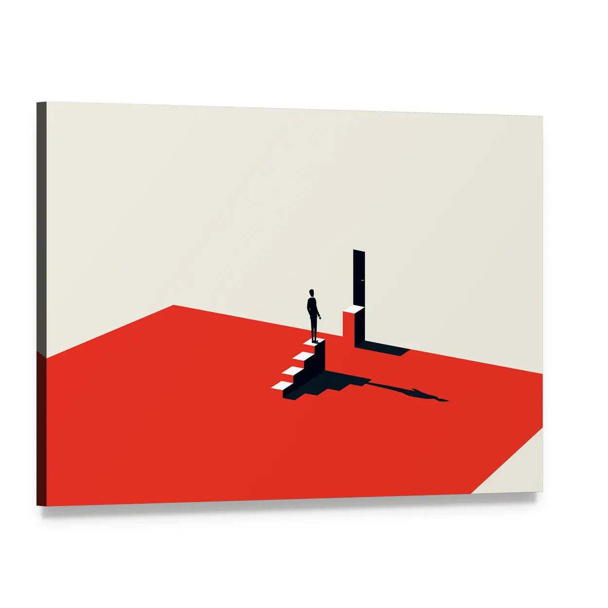 Solitary Figure on Red Stairs Canvas Wall Art, single panel gallery wrapped canvas, angled product view