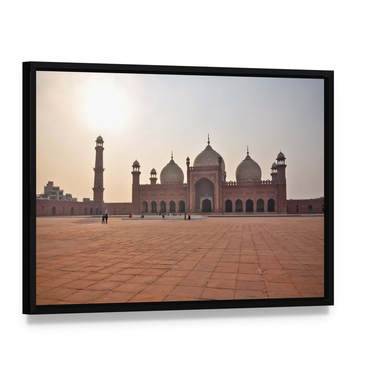 Badshahi Mosque at Dusk Canvas Wall Art, framed canvas in a black floater frame, angled product view