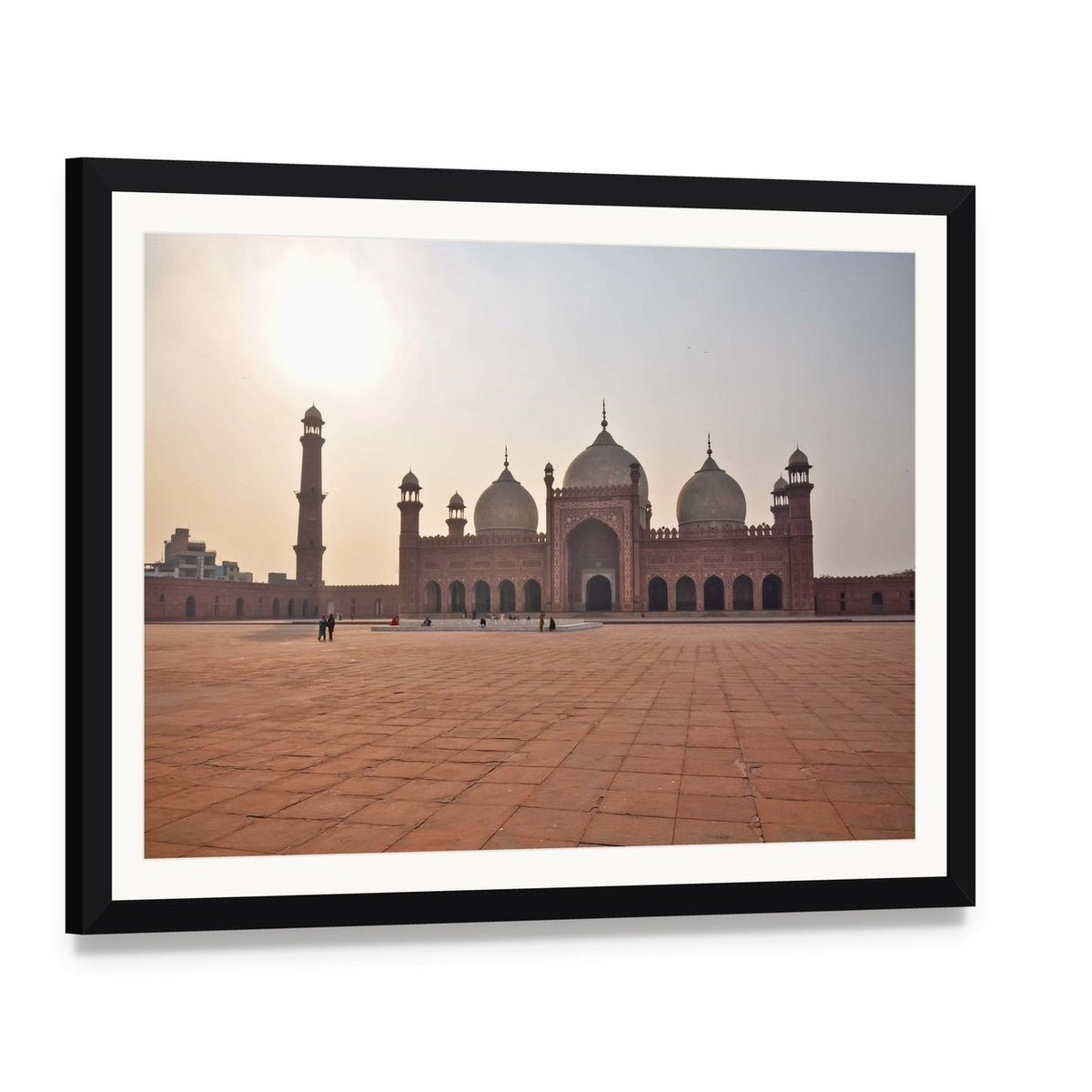 Badshahi Mosque at Dusk Canvas Wall Art, framed print with white mat and black frame, angled product view