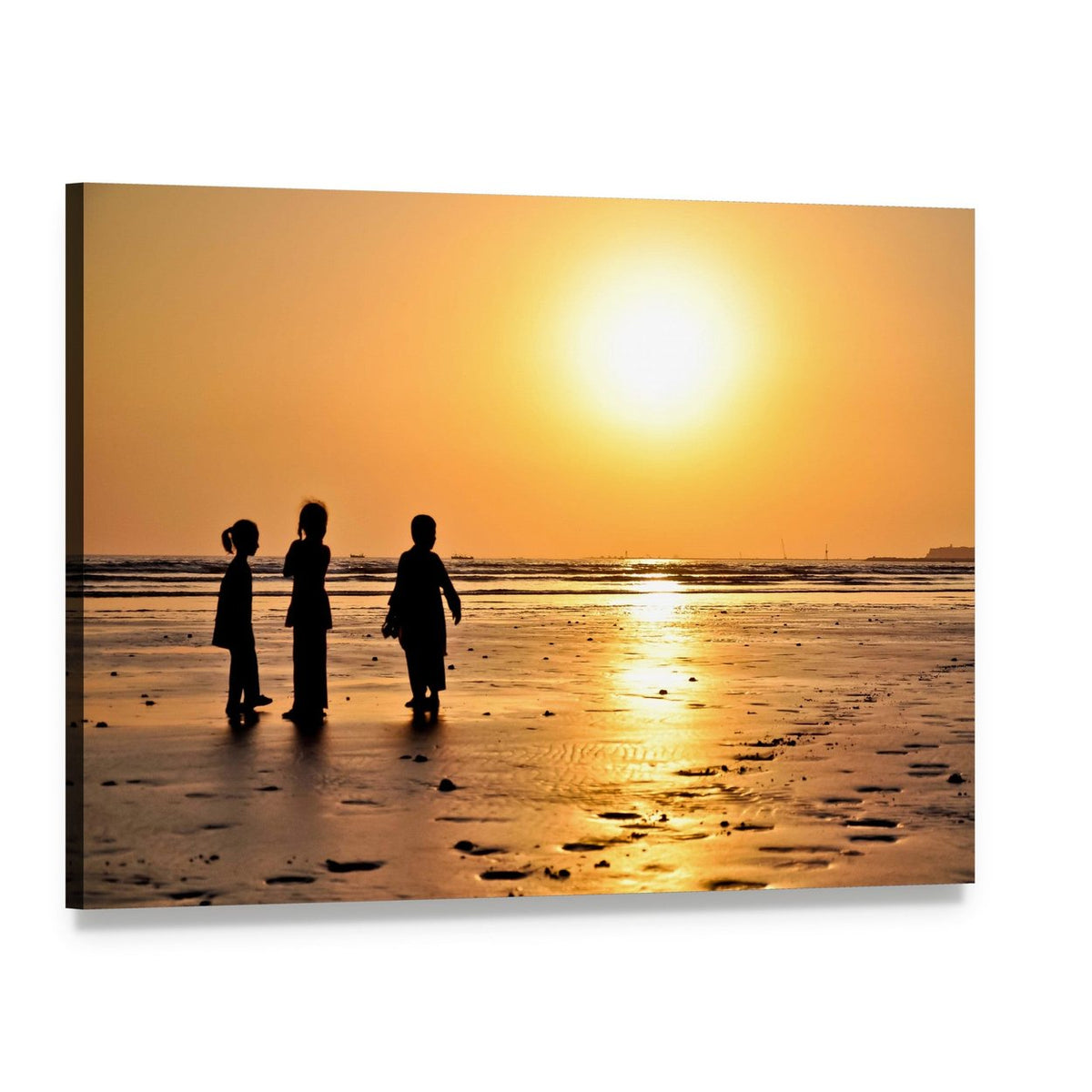 Children Silhouettes at Sunset Beach Canvas Wall Art, single panel gallery wrapped canvas, angled product view