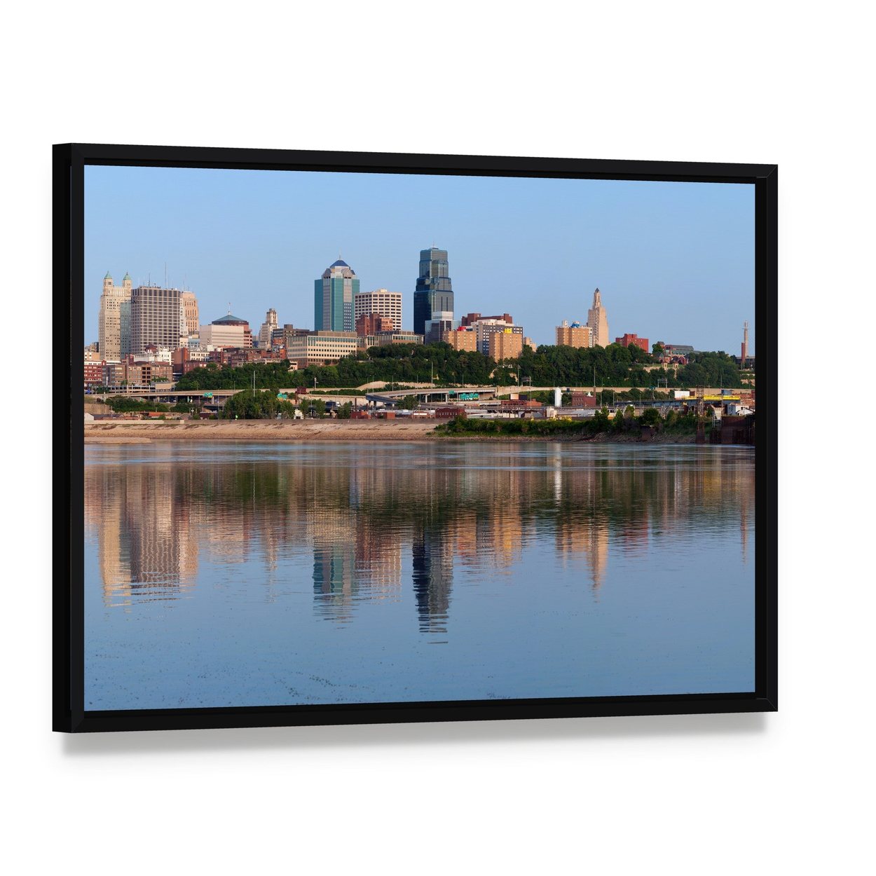 Kansas City Skyline Canvas Wall Art, framed canvas in a black floater frame, angled product view