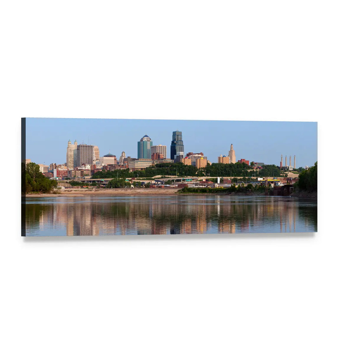 Kansas City Skyline Panoramic Canvas Wall Art, single panel gallery wrapped canvas, angled product view