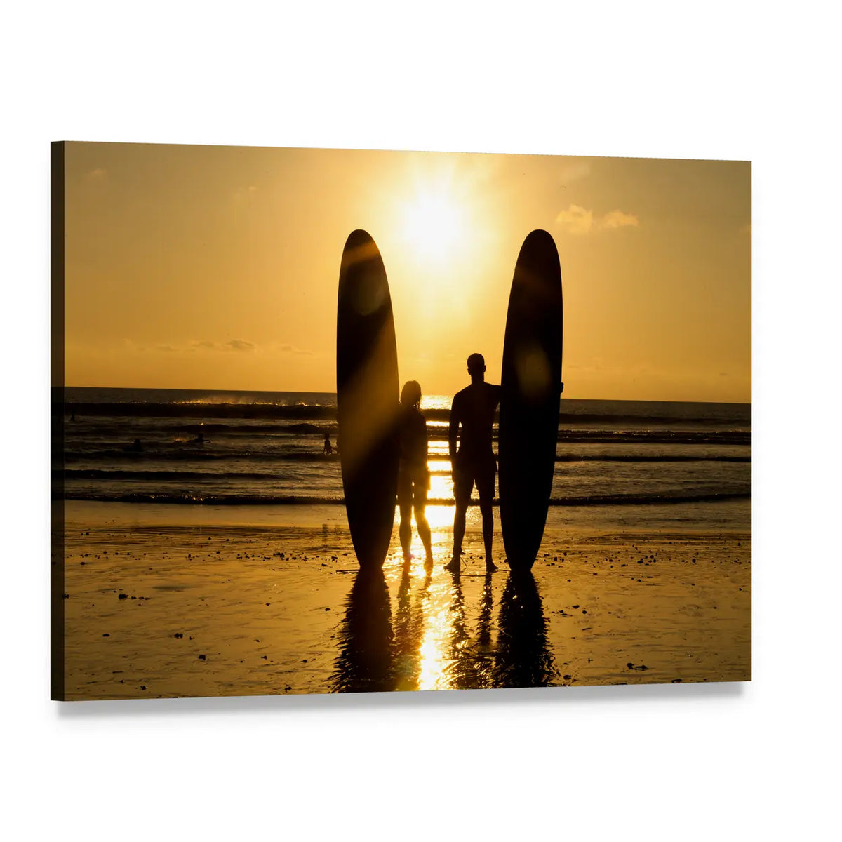 Surfer Couple with Longboards at Sunset Canvas Wall Art, single panel gallery wrapped canvas, angled product view