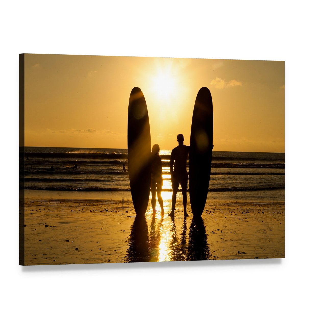 Surfer Couple Silhouetted Against Sunset Canvas Wall Art, single panel gallery wrapped canvas, angled product view