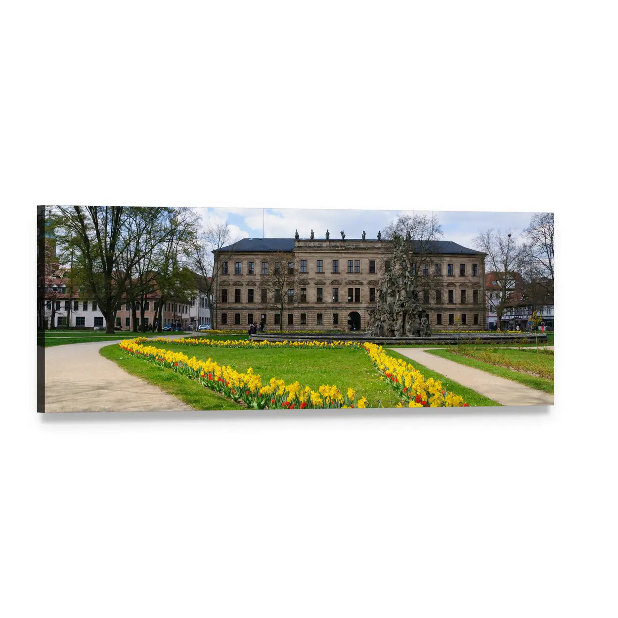 Schloss Garden with Yellow Tulips Panoramic Canvas Wall Art, single panel gallery wrapped canvas, angled product view