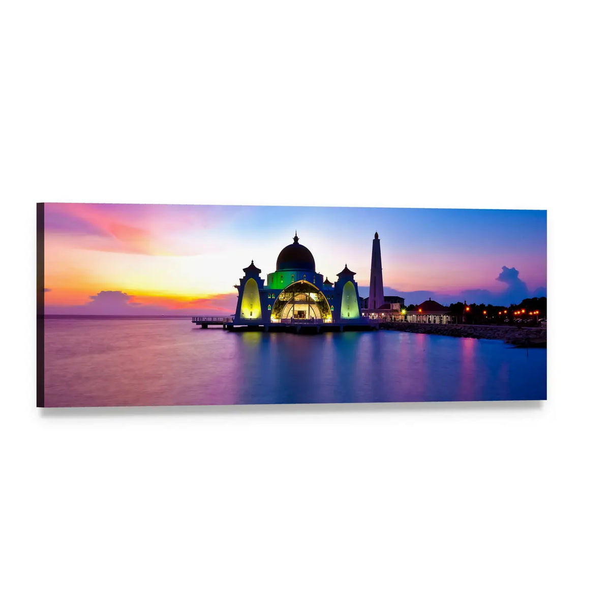 Masjid Selat Melaka Sunset Reflection Panoramic Canvas Wall Art, single panel gallery wrapped canvas, angled product view