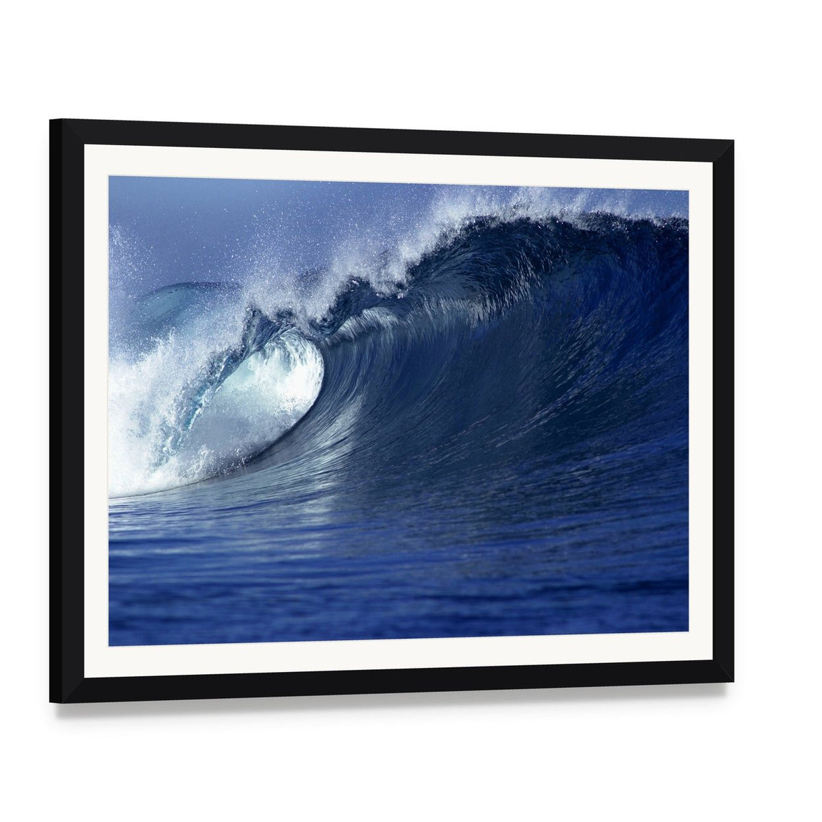Cresting Wave in Ocean Canvas Wall Art, framed print with white mat and black frame, angled product view