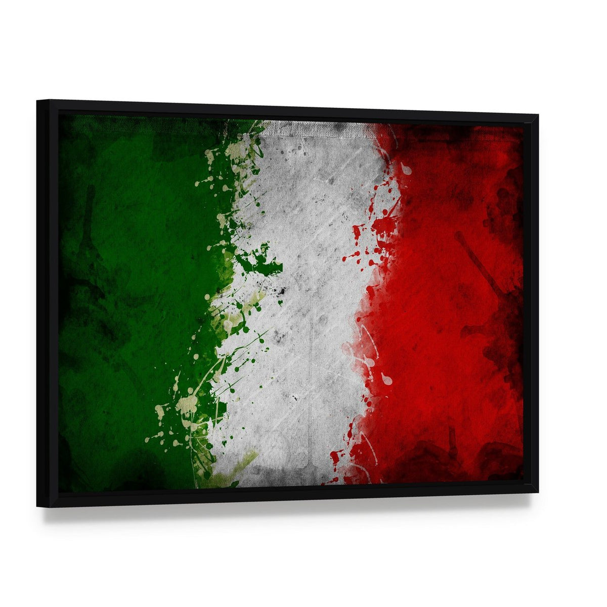 Italian Flag with Splatter Paint Canvas Wall Art, framed canvas in a black floater frame, angled product view