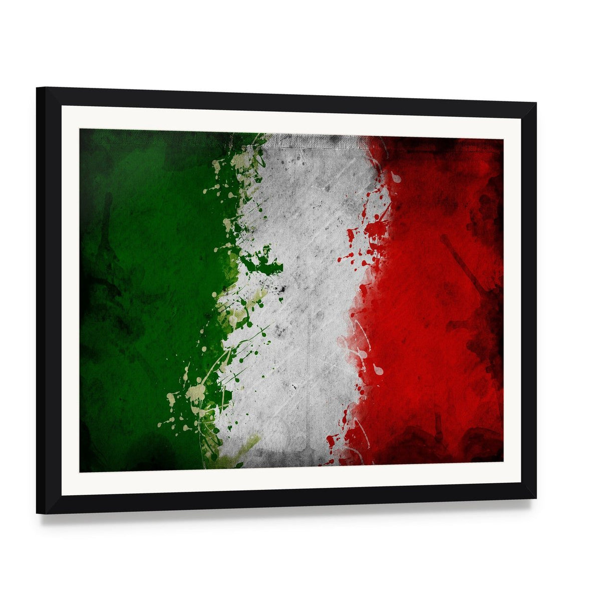 Italian Flag with Splatter Paint Canvas Wall Art, framed print with white mat and black frame, angled product view