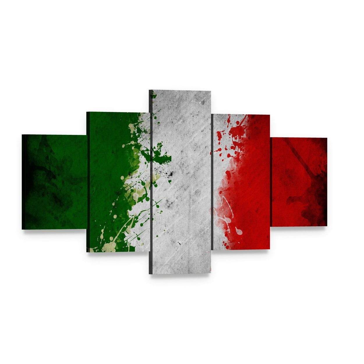 Italian Flag with Splatter Paint Canvas Wall Art, 5 panel 5 Star layout gallery wrapped canvas set, angled product view