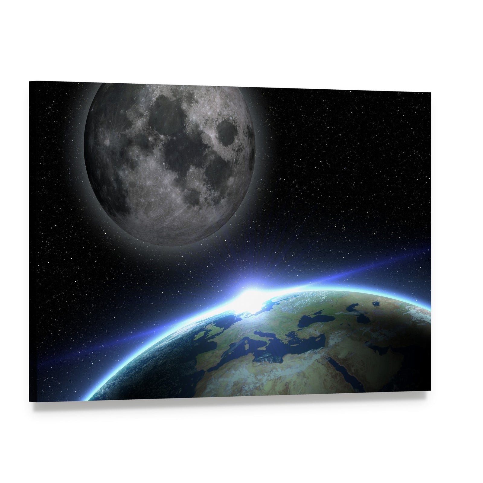 Earth and Moon with Orbital Sunrise Canvas Wall Art, single panel gallery wrapped canvas, angled product view