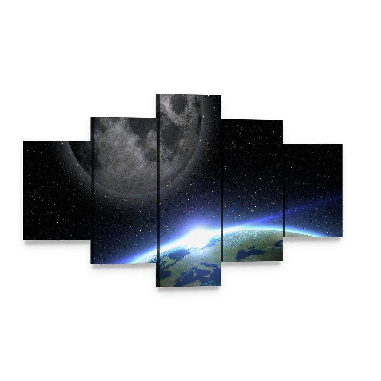Earth and Moon with Orbital Sunrise Canvas Wall Art, 5 panel 5 Star layout gallery wrapped canvas set, angled product view