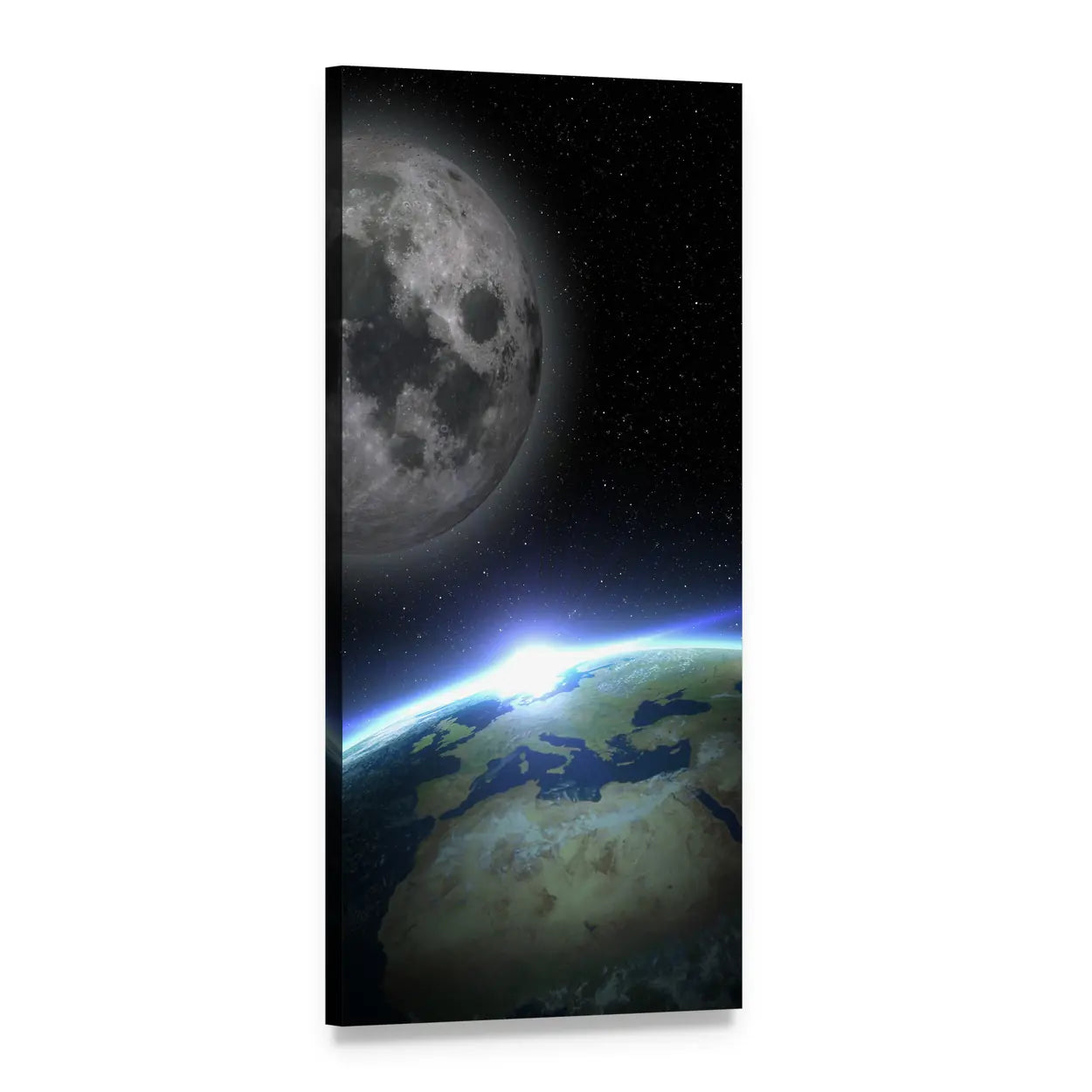 Earth and Moon at Sunrise Vertical Canvas Wall Art, 1 panel 1 Vertical layout gallery wrapped canvas set, angled product view