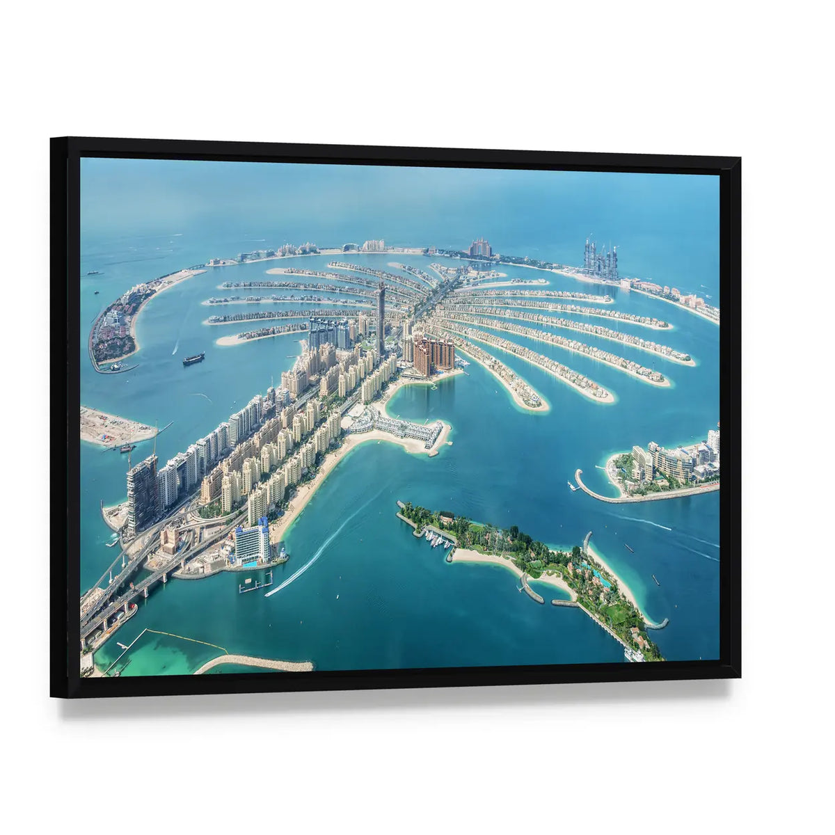 Aerial View of Palm Jumeirah, Dubai Canvas Wall Art, framed canvas in a black floater frame, angled product view