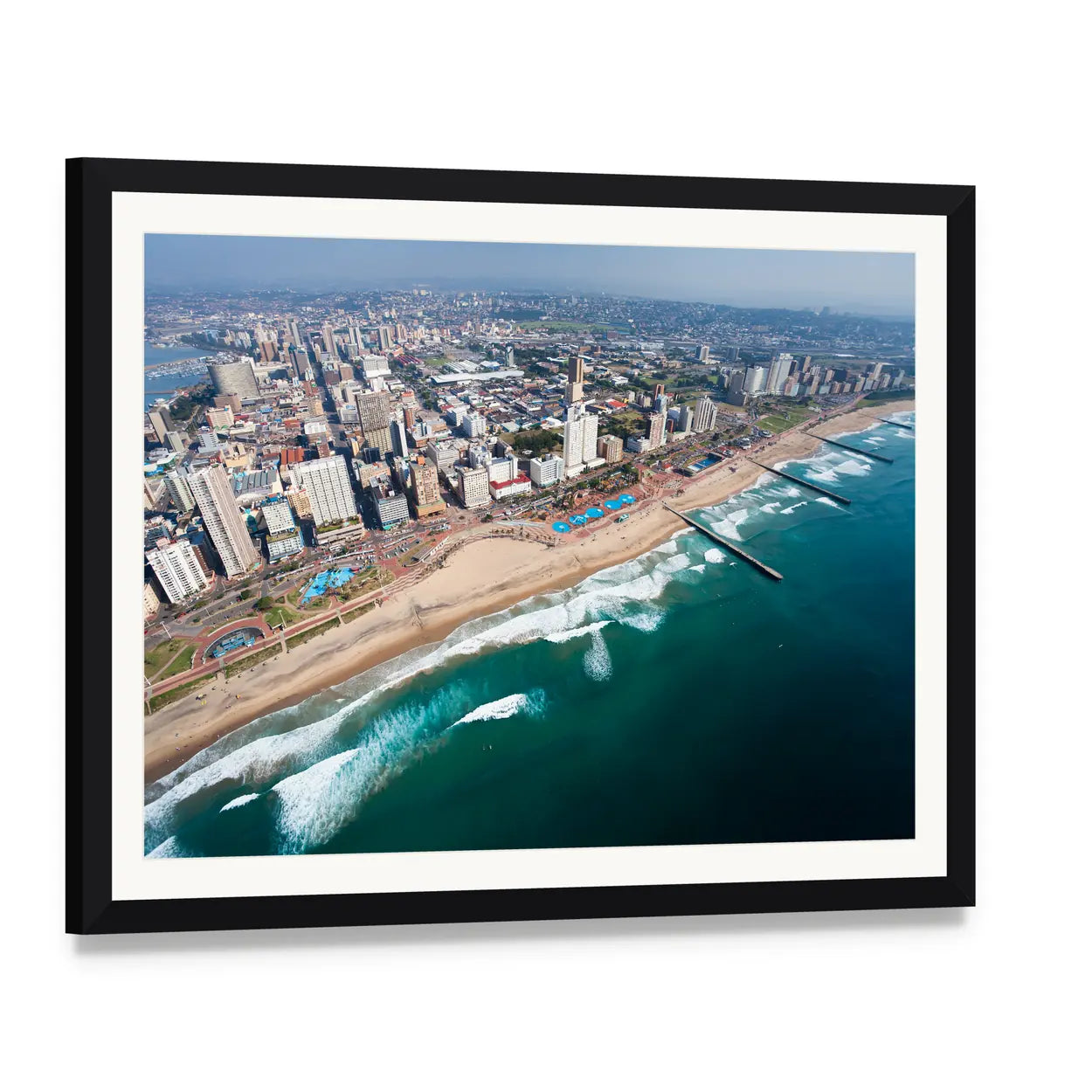Durban Beach and City Skyline Canvas Wall Art, framed print with white mat and black frame, angled product view