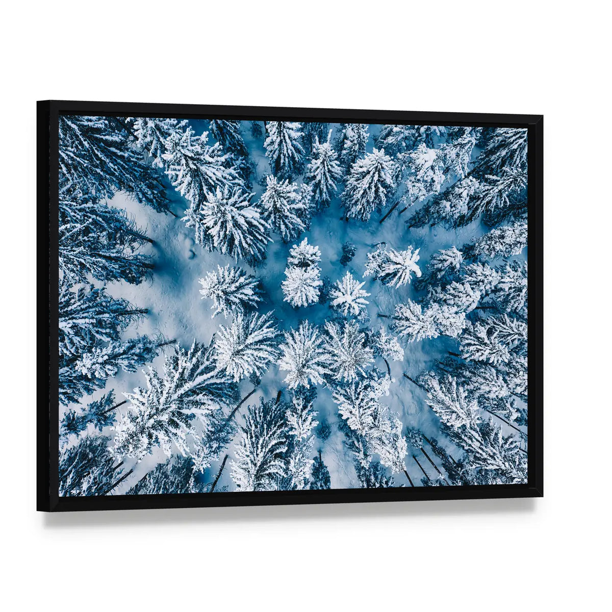 Trees And Snow In Winter Forest Canvas Wall Art, framed canvas in a black floater frame, angled product view