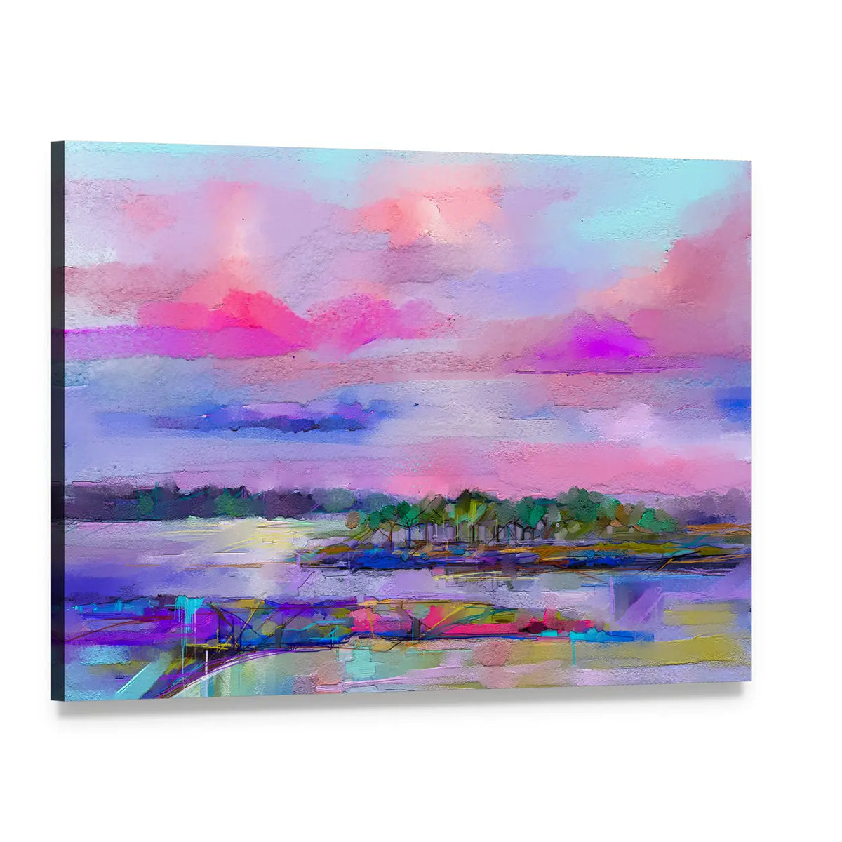 Colorful Sky River Landscape Canvas Wall Art, single panel gallery wrapped canvas, angled product view