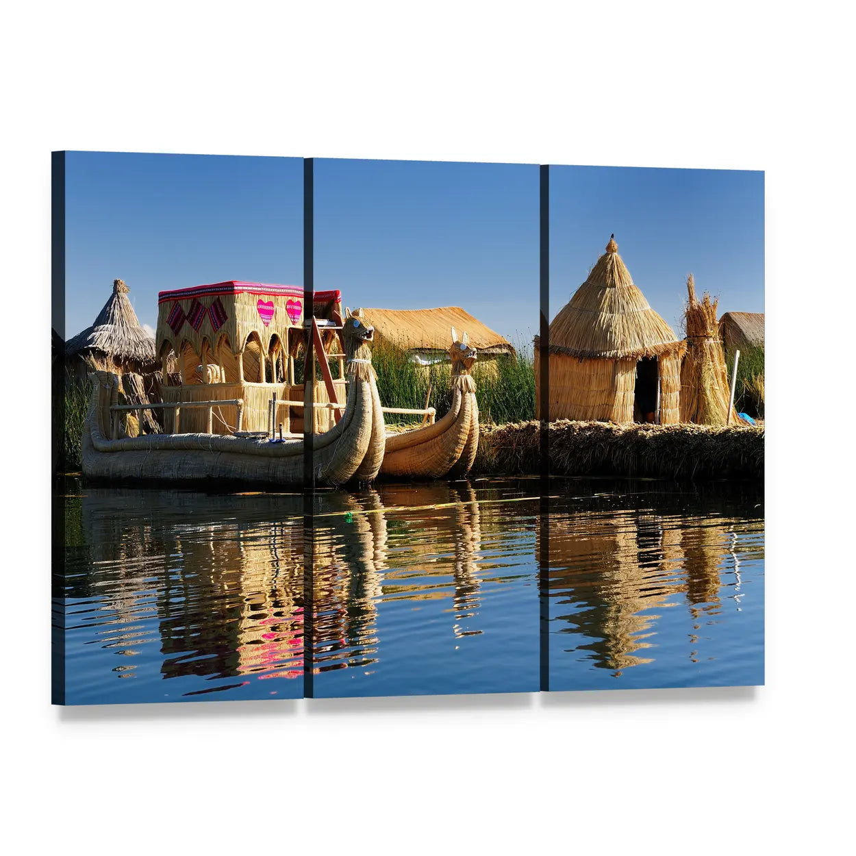 Floating Uros Islands Canvas Wall Art, 3 panel 3 Horizontal layout gallery wrapped canvas set, angled product view