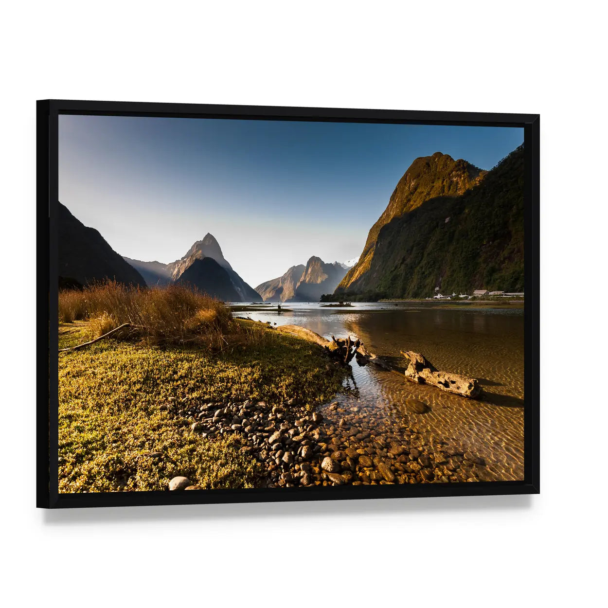 Milford Sound Shoreline at Late Afternoon Canvas Wall Art, framed canvas in a black floater frame, angled product view