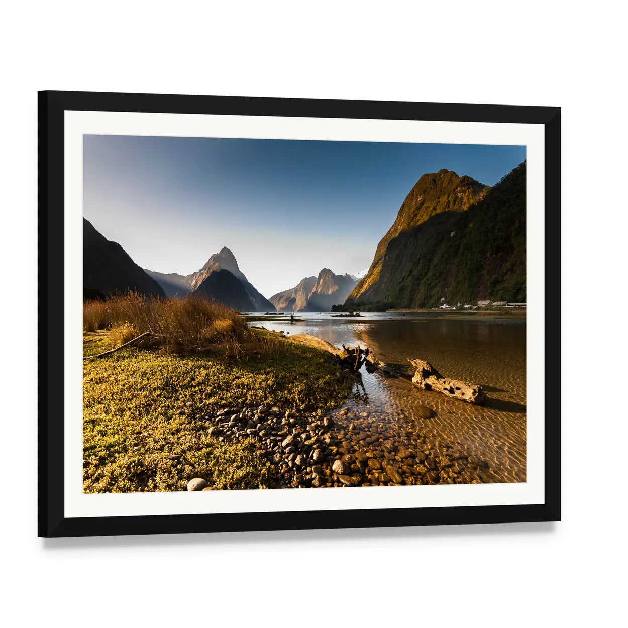 Milford Sound Shoreline at Late Afternoon Canvas Wall Art, framed print with white mat and black frame, angled product view