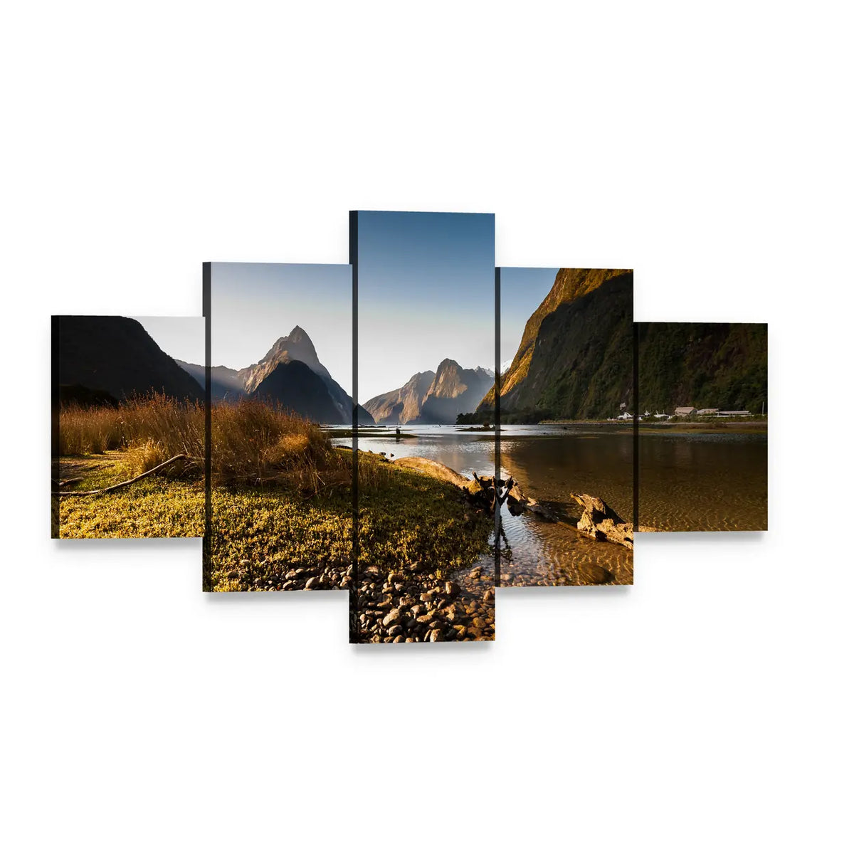 Milford Sound Shoreline at Late Afternoon Canvas Wall Art, 5 panel 5 Star layout gallery wrapped canvas set, angled product view